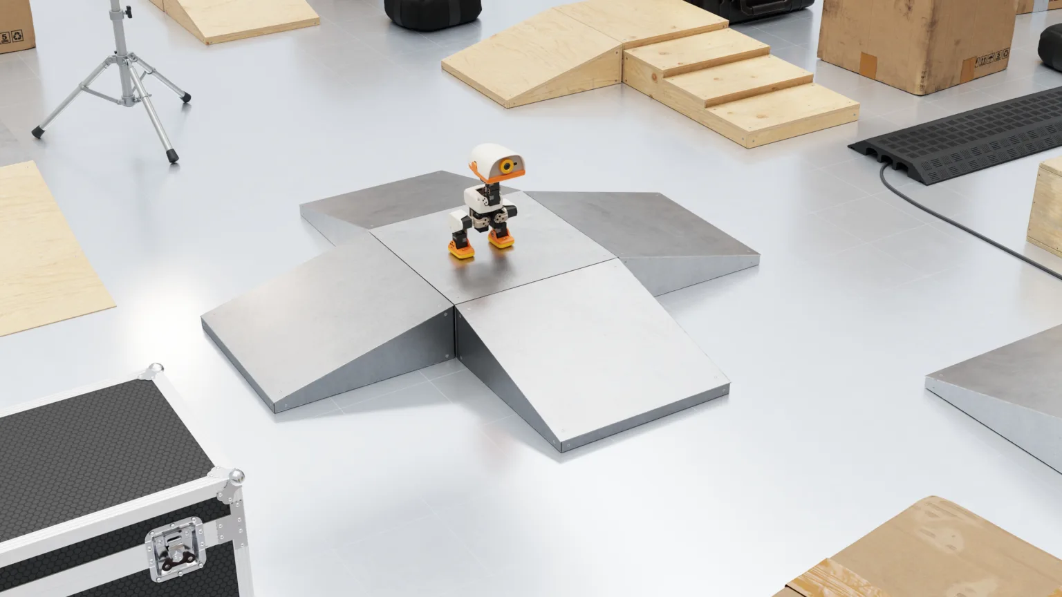 NVIDIA Microduck bipedal robot navigating a simulated obstacle course generated by Astra agent in NVIDIA Isaac Sim